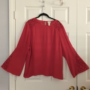 Chico's size 3 (16-18) Red with lace neck and bell sleeves top